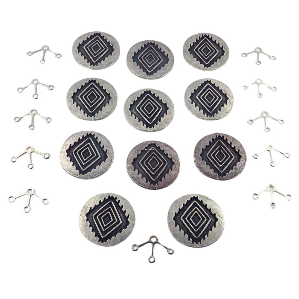 Vintage Silver Toned Jewelry Making Supplies, Aztec Style Metal Cabochons
